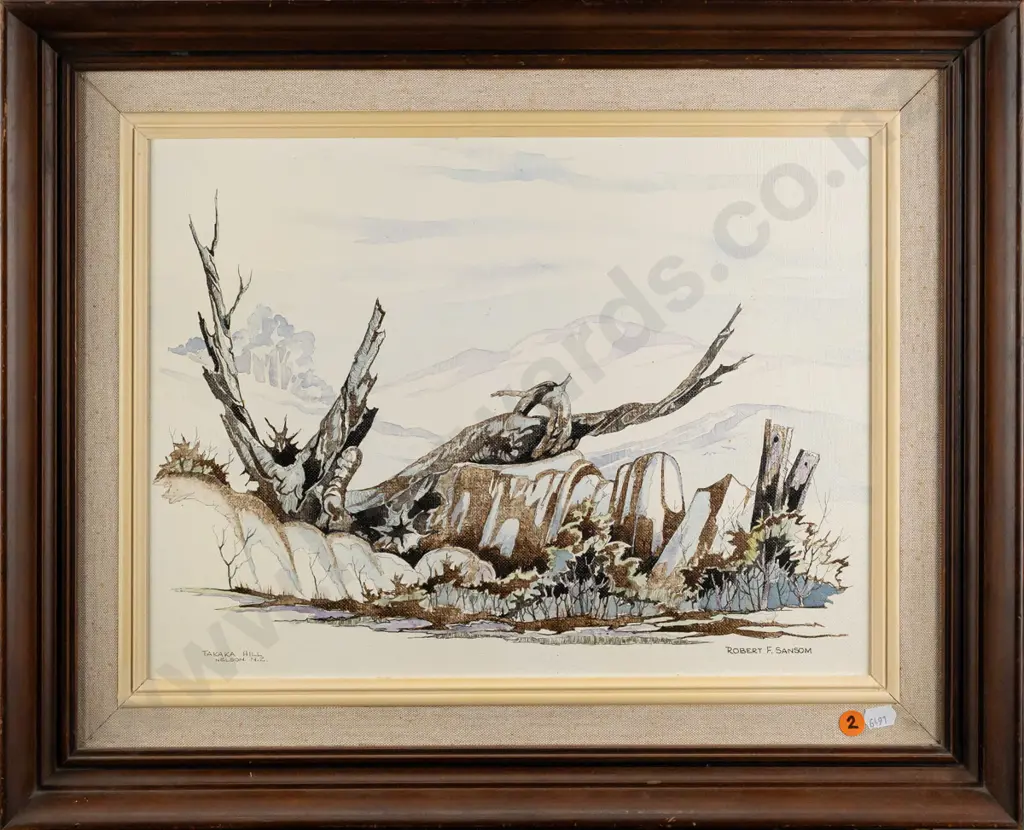Robert F Sansom -- framed ink & wash on canvas board "Takaka Hill Nelson NZ" H-295 W-390 Image 1++
