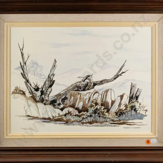 Robert F Sansom -- framed ink & wash on canvas board "Takaka Hill Nelson NZ" H-295 W-390