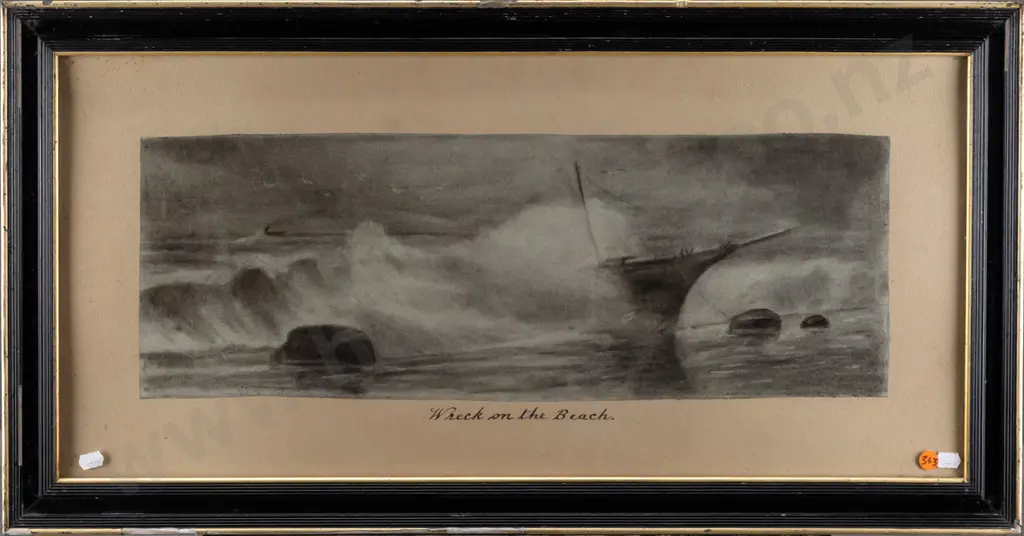 No signature -- framed charcoal on paper "Wreck on the Beach" H-300 W-645 [foxing, chips and areas of loss to frame] Image 1++