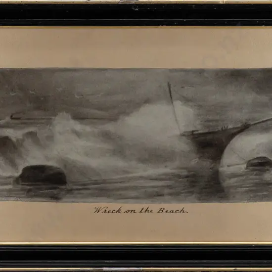 No signature -- framed charcoal on paper "Wreck on the Beach" H-300 W-645 [foxing, chips and areas of loss to frame]