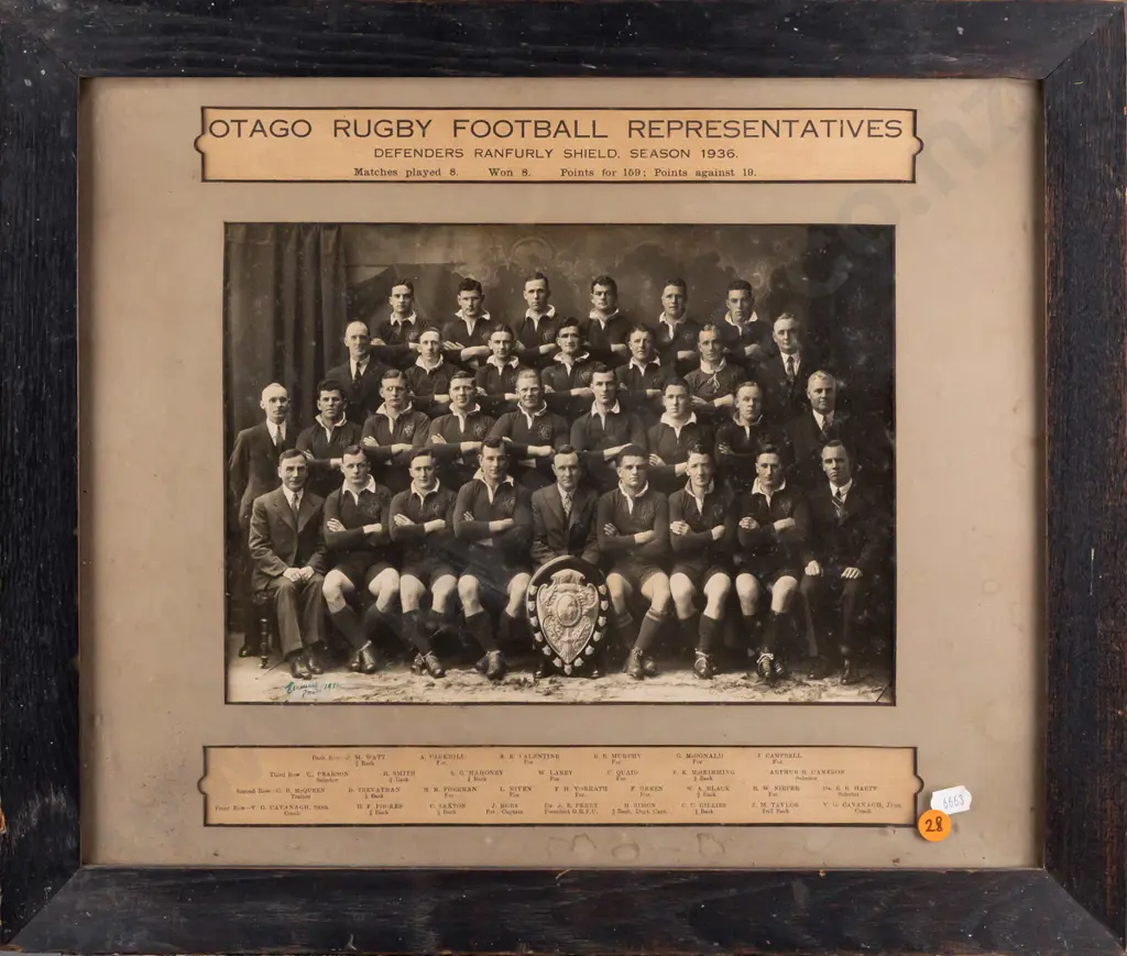 Framed photograph "Otago Rugby Football Representatives Defenders Ranfurly Shield" 1936 H-310 W-310 [foxing water stains Image 1++