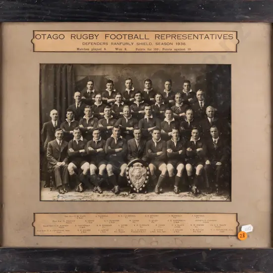 Framed photograph "Otago Rugby Football Representatives Defenders Ranfurly Shield" 1936 H-310 W-310 [foxing water stains