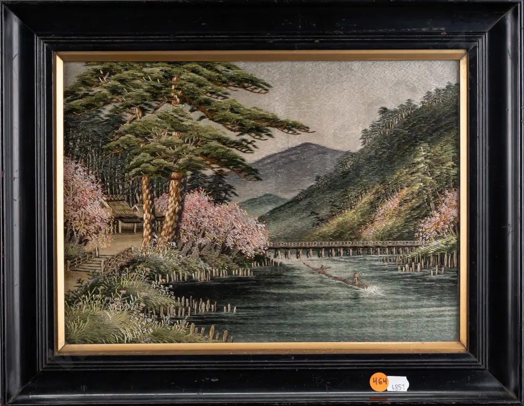 Framed Asian tapestry, landscape w/ river and boat H-210 W-290 [light wear to frame] Image 1++