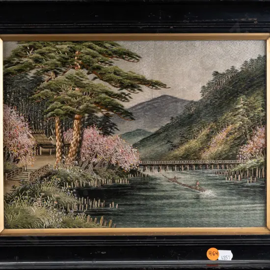 Framed Asian tapestry, landscape w/ river and boat H-210 W-290 [light wear to frame]