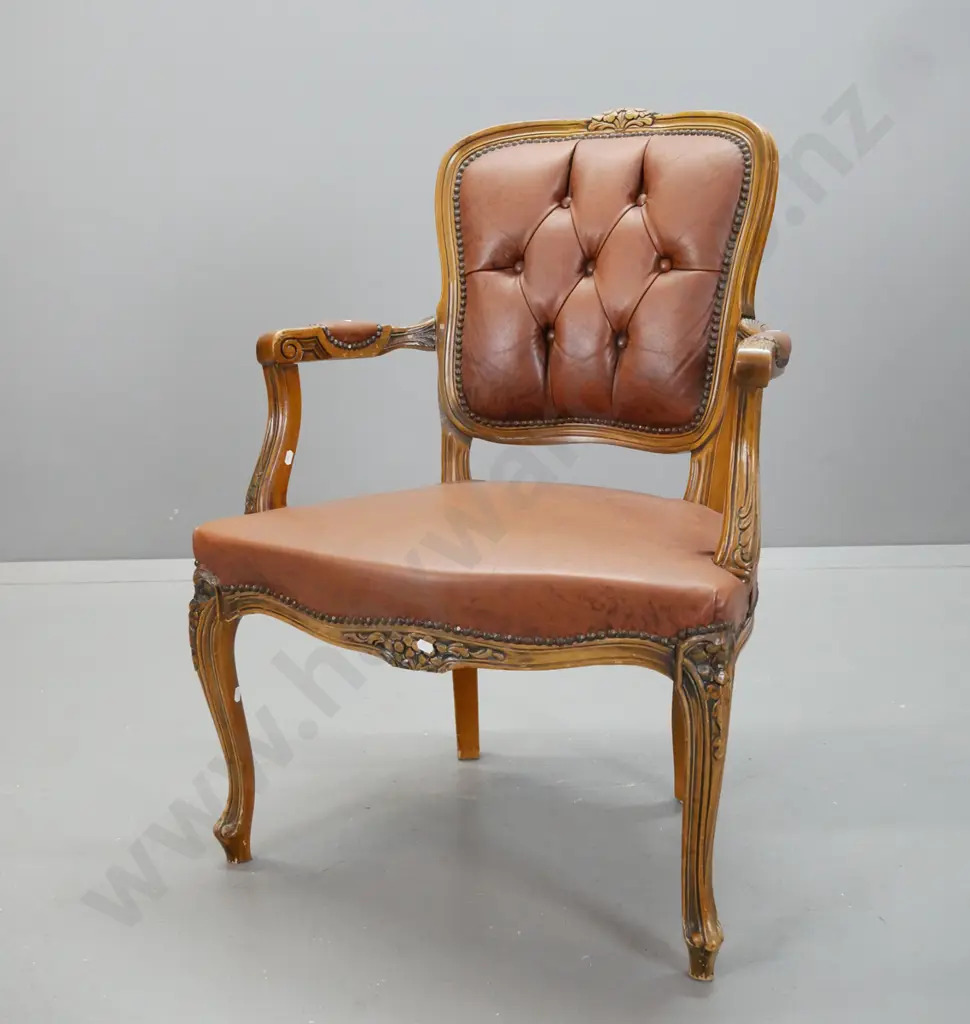 vintage walnut French-style open-armed armchair with deep-button and studded leather seat, and back, buttons on back. Image 1++