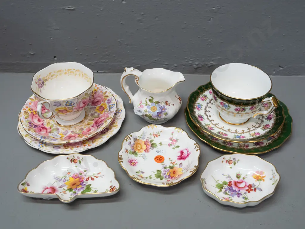 assorted English china - Derby Posies jug and 3 small dishes, Royal Albert & Aynsley trios Image 1++