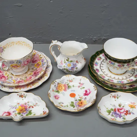 assorted English china - Derby Posies jug and 3 small dishes, Royal Albert & Aynsley trios