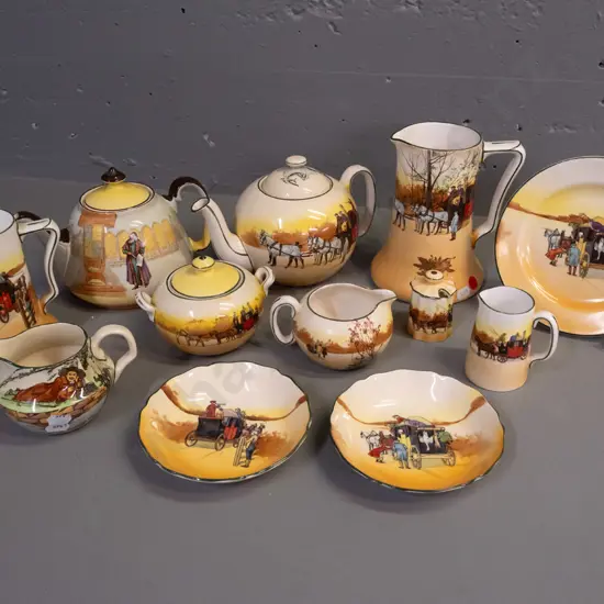 assorted Royal Doulton series ware - Gallant Fishers small jug, Shylock teapot, assorted Coaching Days items. Some wear