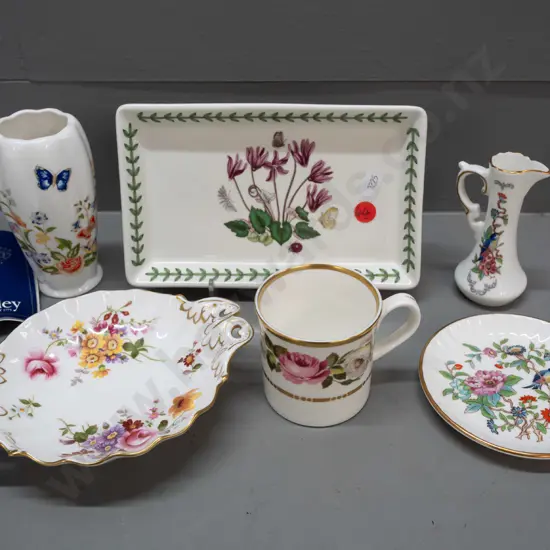 assorted English floral china - Portmeirion dish, Aynsley small vase H-120, jug & plate, Royal Worcester Royal Garden