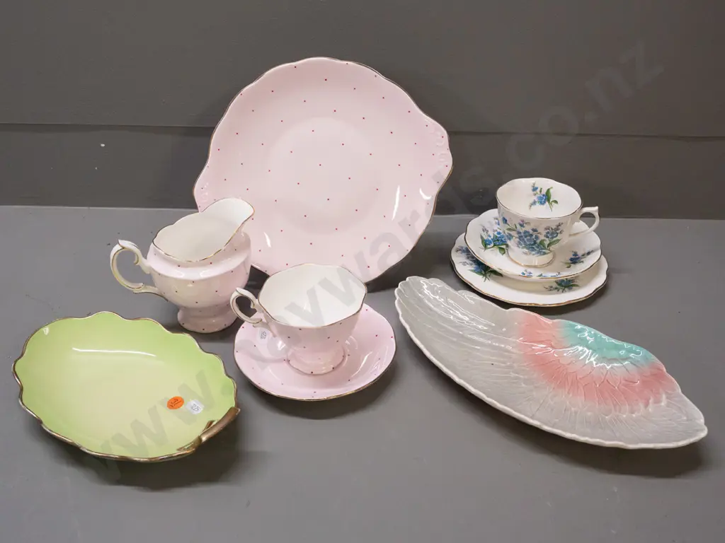 English china items - Royal Albert pink polka dot cake plate, cup & saucer and jug, Royal Albert Forget Me Not trio, Image 1++