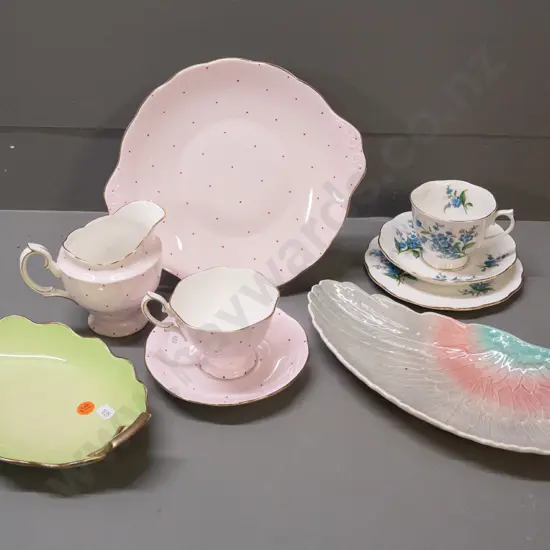 English china items - Royal Albert pink polka dot cake plate, cup & saucer and jug, Royal Albert Forget Me Not trio,