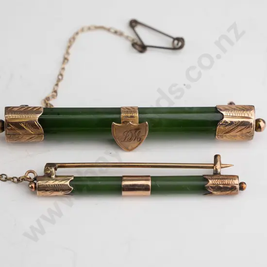 2 greenstone bar brooches