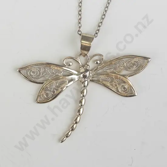 silver dragonfly necklace stamped 925