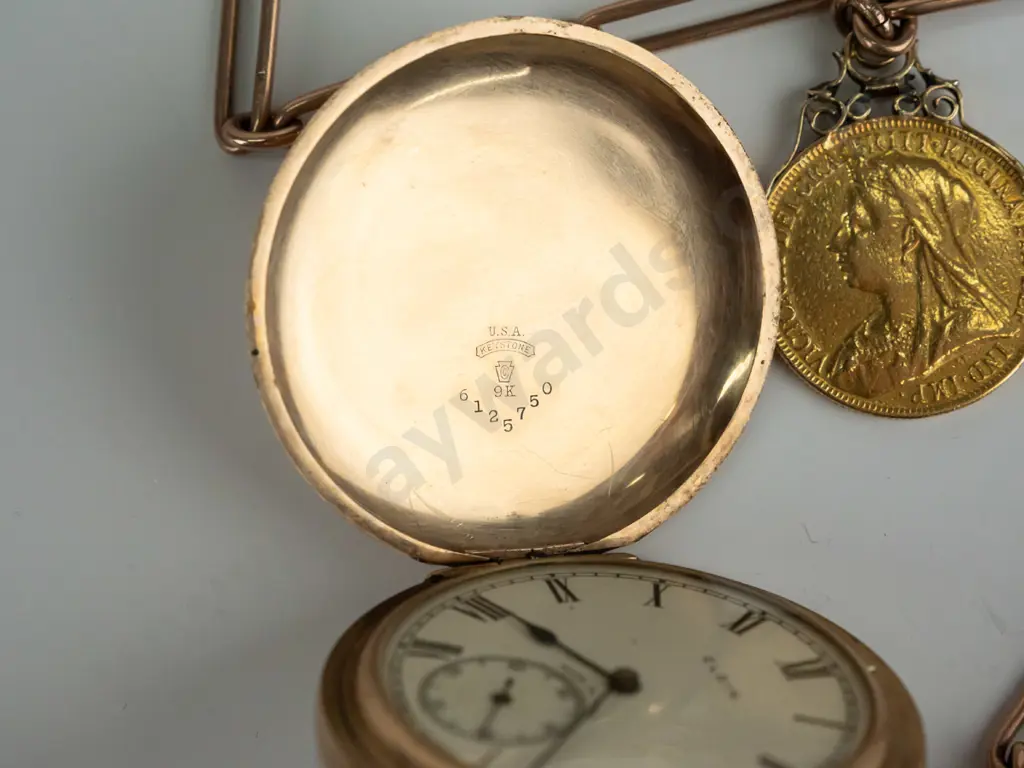 pocket watch on 9ct rose gold chain with 1893 double sovereign coin total weight 54.00 gms -sovereign 15.98gms 22ct gold Image 1++