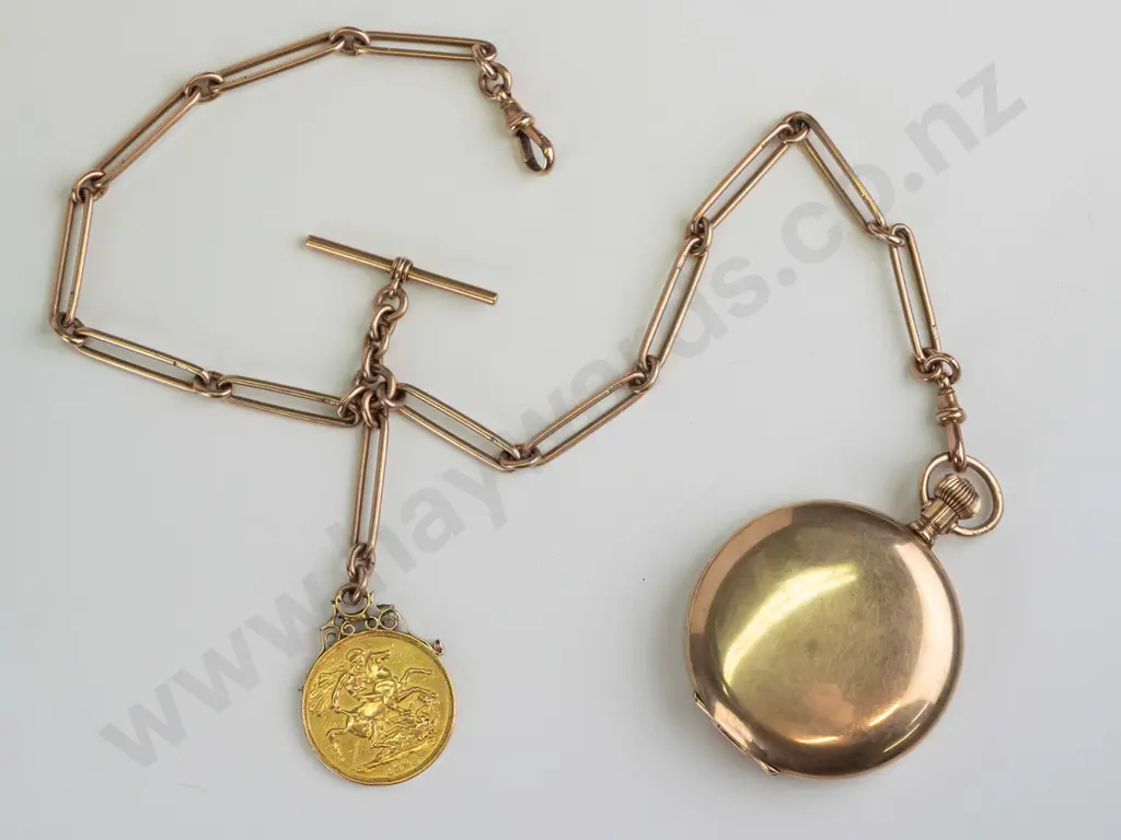 pocket watch on 9ct rose gold chain with 1893 double sovereign coin total weight 54.00 gms -sovereign 15.98gms 22ct gold Image 1++