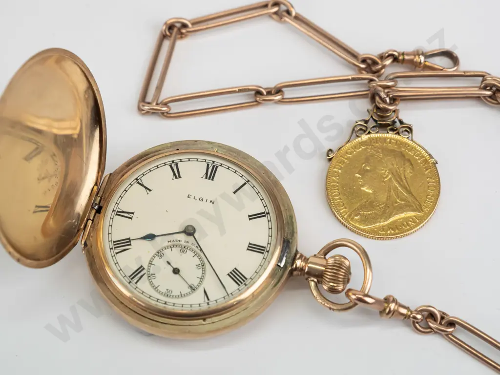 pocket watch on 9ct rose gold chain with 1893 double sovereign coin total weight 54.00 gms -sovereign 15.98gms 22ct gold Image 1++
