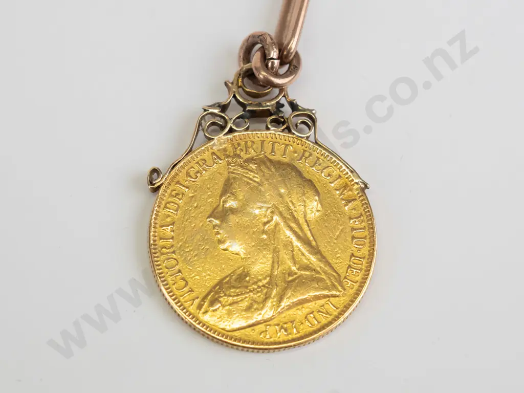 pocket watch on 9ct rose gold chain with 1893 double sovereign coin total weight 54.00 gms -sovereign 15.98gms 22ct gold Image 1++