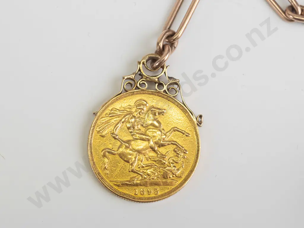 pocket watch on 9ct rose gold chain with 1893 double sovereign coin total weight 54.00 gms -sovereign 15.98gms 22ct gold Image 1++