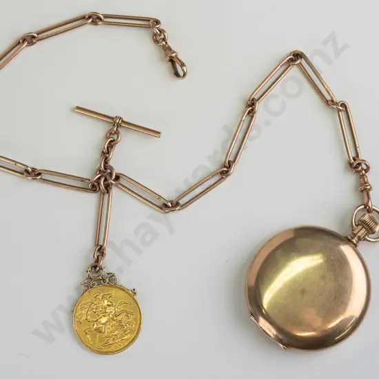 pocket watch on 9ct rose gold chain with 1893 double sovereign coin total weight 54.00 gms -sovereign 15.98gms 22ct gold