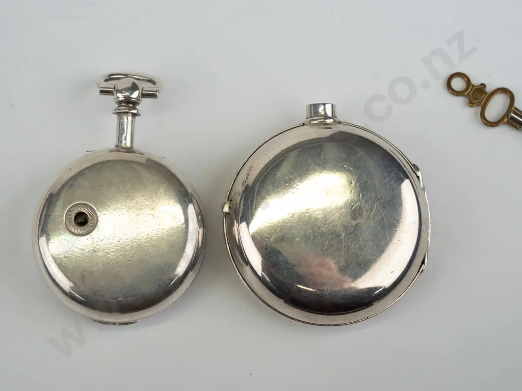 silver pair case pocket watch with key  stamped lion, O, shield Image 1++