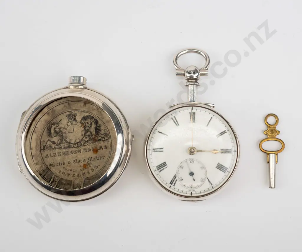 silver pair case pocket watch with key  stamped lion, O, shield Image 1++