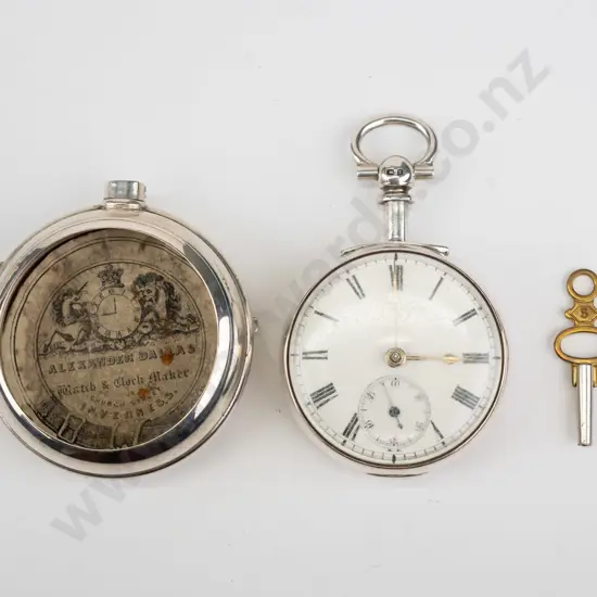silver pair case pocket watch with key  stamped lion, O, shield