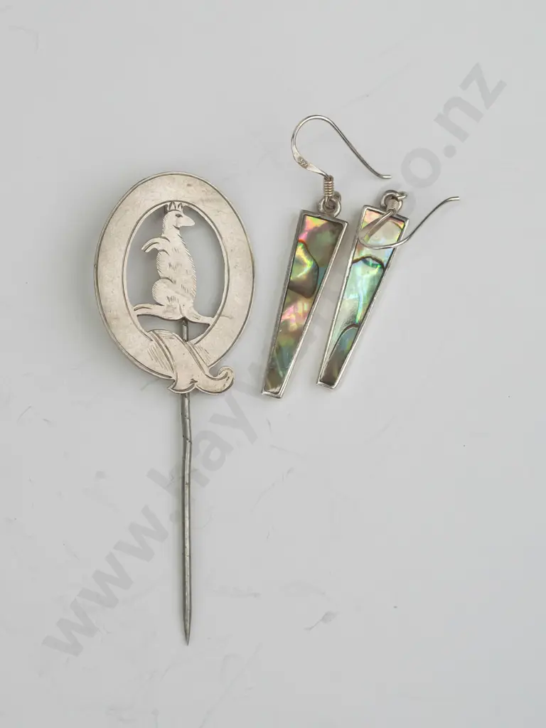 silver paua shell earrings stamped 925 & silver kangaroo lapel pin stamped silver Image 1++