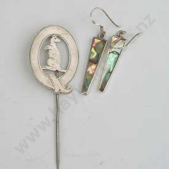 silver paua shell earrings stamped 925 & silver kangaroo lapel pin stamped silver