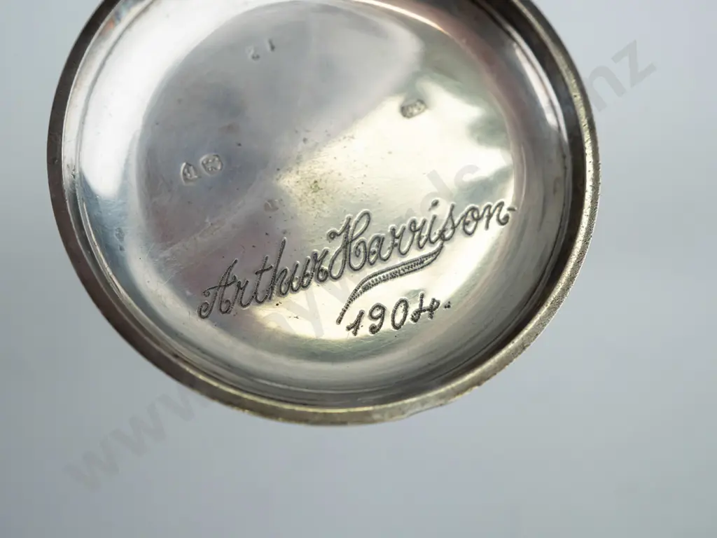 silver pocket watch 'Rotherhams London' stamped lion, shield, date code B (1877?) engraved in 1904 with name Arthur Image 1++