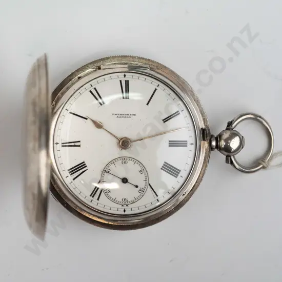 silver pocket watch 'Rotherhams London' stamped lion, shield, date code B (1877?) engraved in 1904 with name Arthur