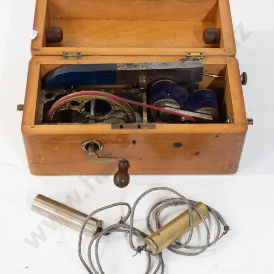 vintage wood-cased electro-therapy device - hand-crank magnetic generator with ornate pierced brass wheel, brass