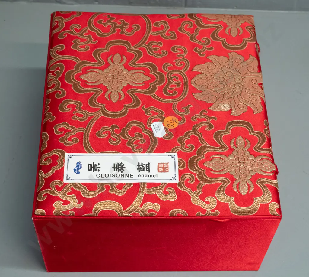 pair of Chinese cloisonne vases in fitted presentation box with moulded plastic stands and a pair of white cotton gloves Image 1++
