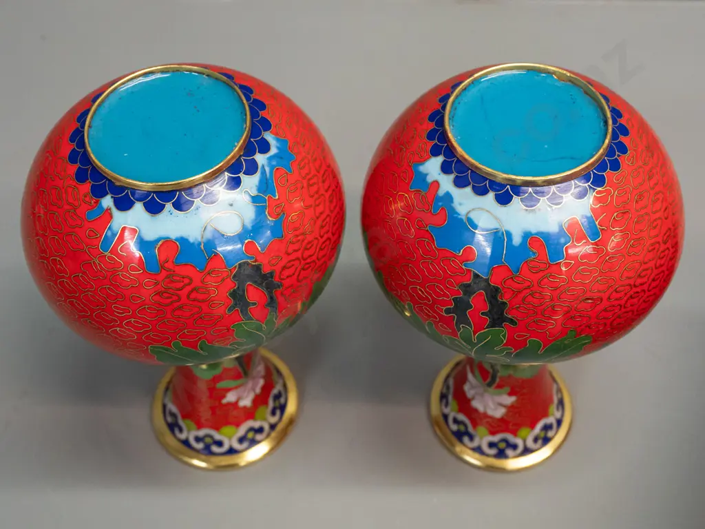 pair of Chinese cloisonne vases in fitted presentation box with moulded plastic stands and a pair of white cotton gloves Image 1++
