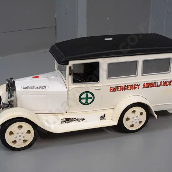 Jim Beam automotive decanter - Ford Ambulance with hinged rear door, looks like seepage around seal, seems empty. Some