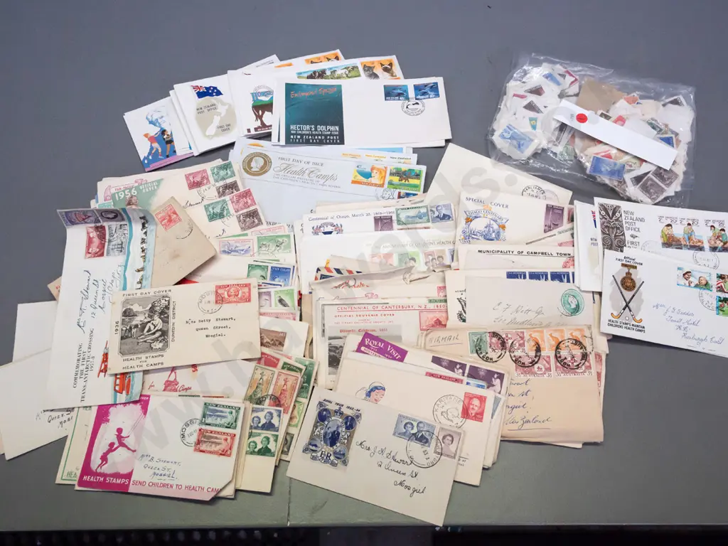 large collection of NZ first-day covers dating from 1930s, most to one Mosgiel address, plus a bag of loose used stamps Image 1++