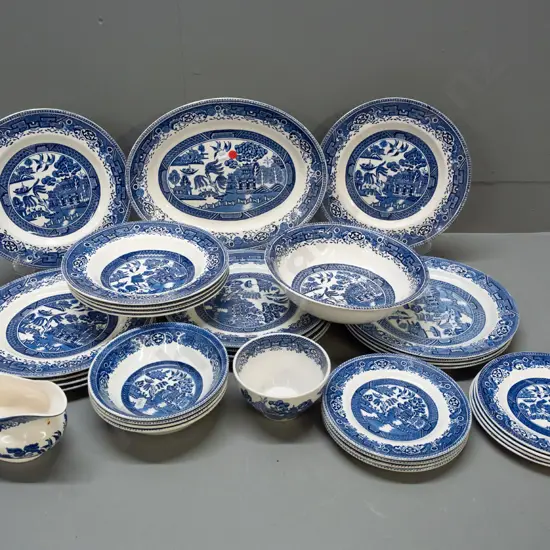 vintage blue & white willow dinnerware from 3 makers - mainly Washington Old Willow and Myott, one Woods bowl