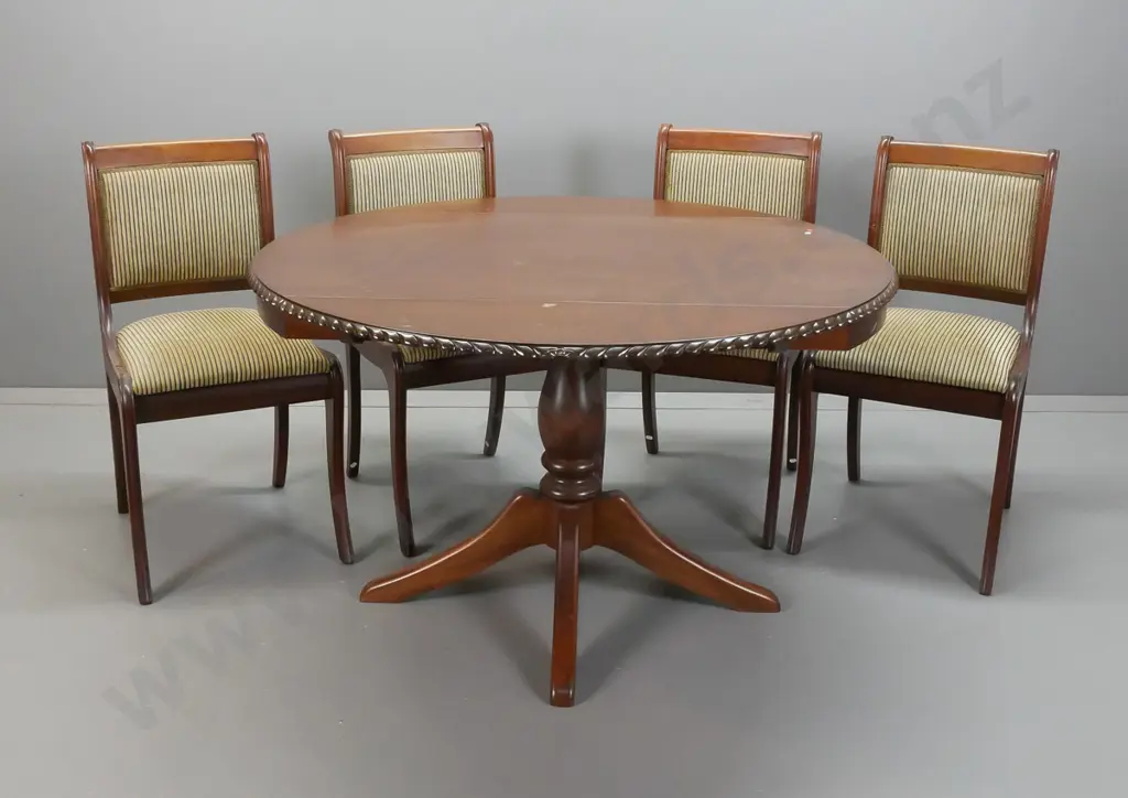 mahogany reproduction regency style drop-side table on pedestal base with 4 sweeping legs, rope edged top, 2 leaves Image 1++