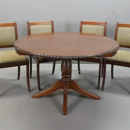 mahogany reproduction regency style drop-side table on pedestal base with 4 sweeping legs, rope edged top, 2 leaves