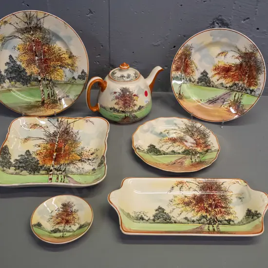 7 pieces Royal Doulton Autumn Glory - teapot, 4 plates in varied sizes, square dish etc - teapot is H-140 L-200