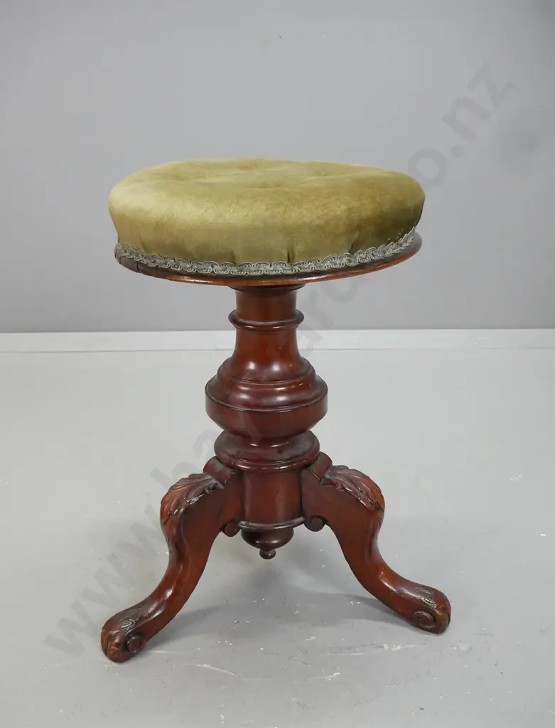 Victorian carved oak revolving piano stool with green velvet upholstered top. Mechanism working smoothly H-500-ish D-340 Image 1++