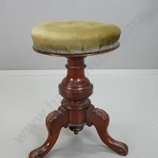 Victorian carved oak revolving piano stool with green velvet upholstered top. Mechanism working smoothly H-500-ish D-340