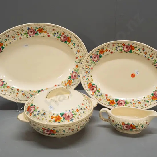 vintage Clarice Cliff Rosemary table ware - 2 oval ashetts, lidded vegetable dish and a sauce boat - larger ashett L-350