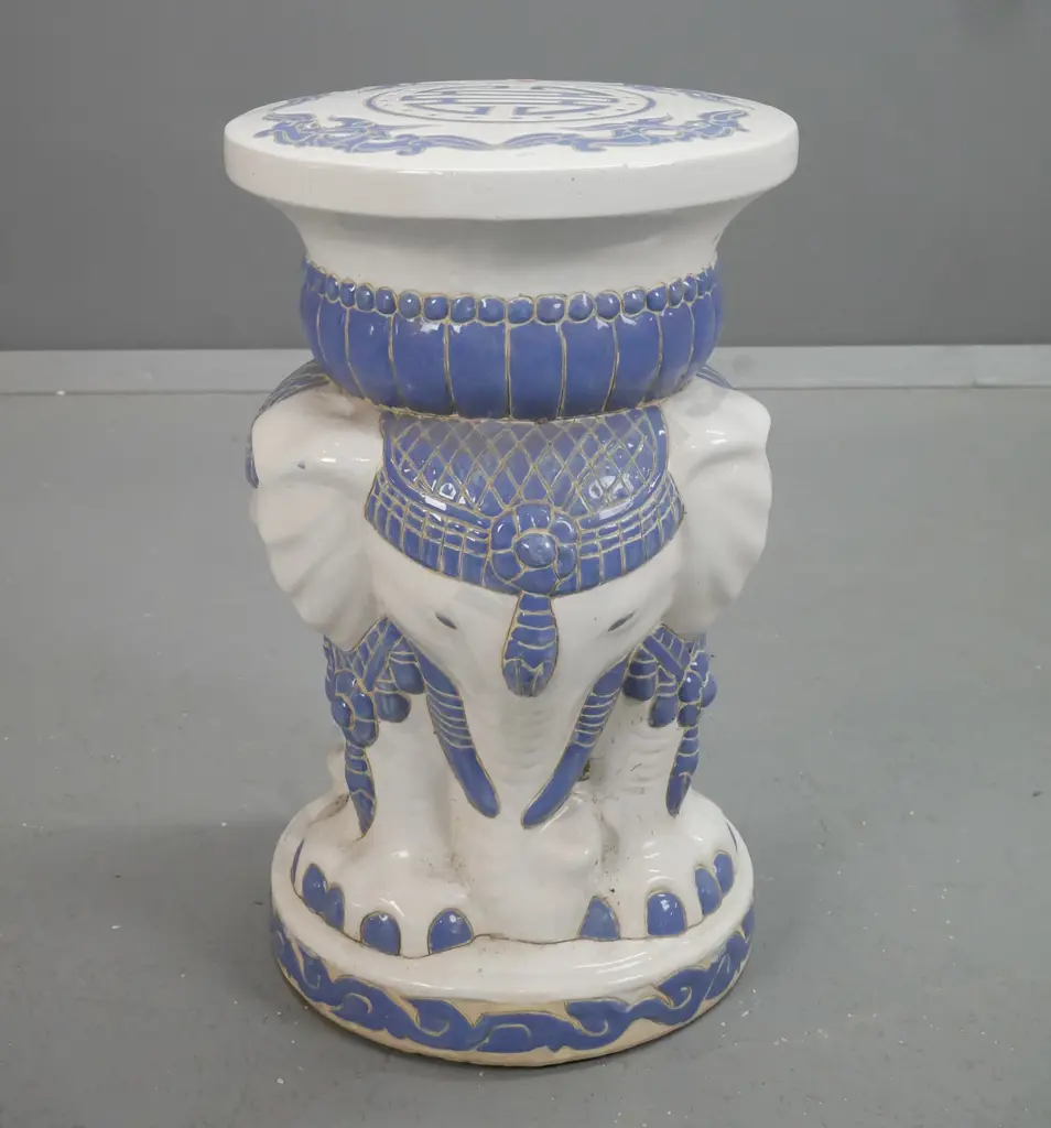 blue and white ceramic elephant motif garden seat - small lateral crack near base H-510 D-310 at top. Image 1++