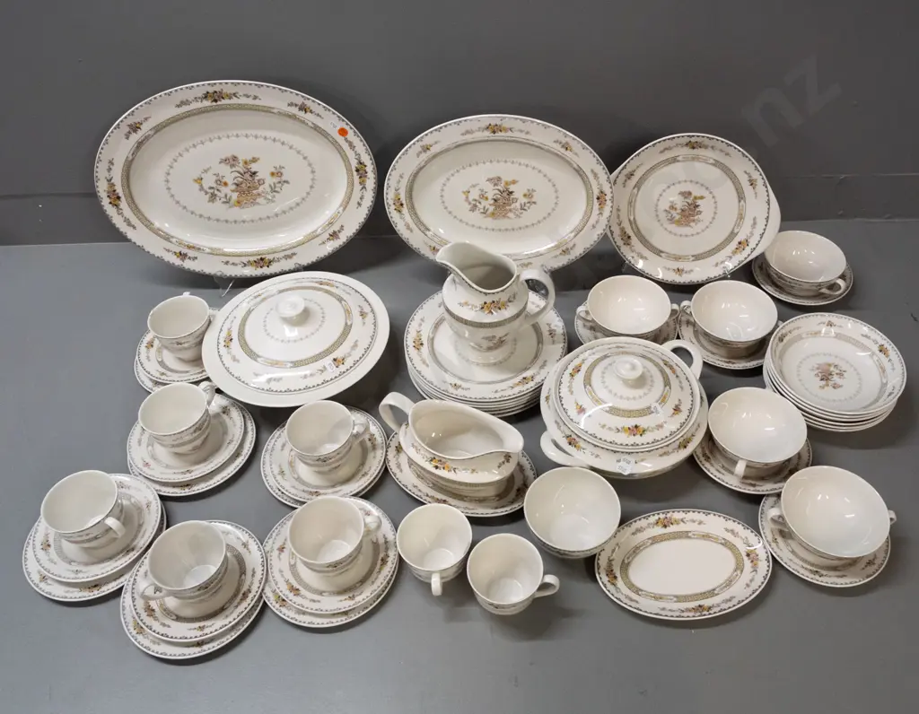large assortment of Royal Doulton "Hamilton" pattern dinnerware - 3 oval ashetts, 2 lidded vege dishes, 6 medium size Image 1++