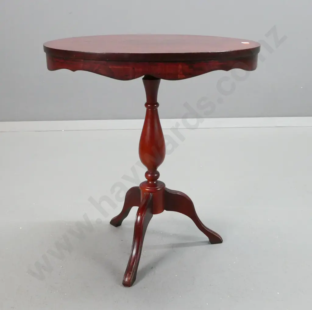 mahogany oval topped wine table with shaped edge, on turned pedestal base on 3 feet - some staining and scratching to Image 1++
