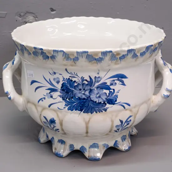 Victorian style footed jardiniere with applied handles, unknown mark on base H-220 W-280