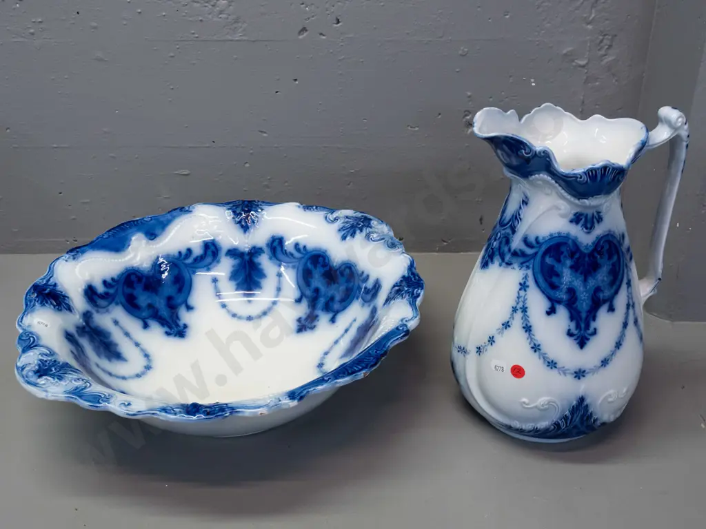 vintage Belmont flow blue pottery jug and basin set - minor fretting to rim of bowl. Jug H-330 Bowl D-460 Image 1++