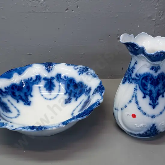 vintage Belmont flow blue pottery jug and basin set - minor fretting to rim of bowl. Jug H-330 Bowl D-460