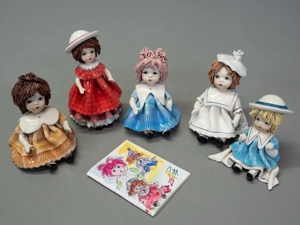 5 Italian "Zampiva" hand painted porcelain doll figurines with fine extruded hair - with 2001-2002 catalog booklet Image 1++