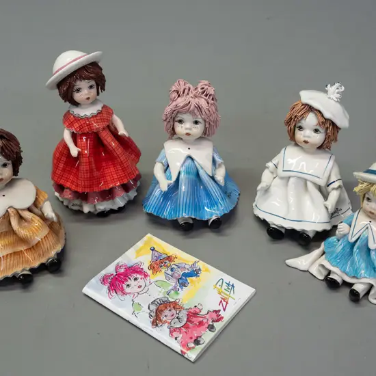 5 Italian "Zampiva" hand painted porcelain doll figurines with fine extruded hair - with 2001-2002 catalog booklet